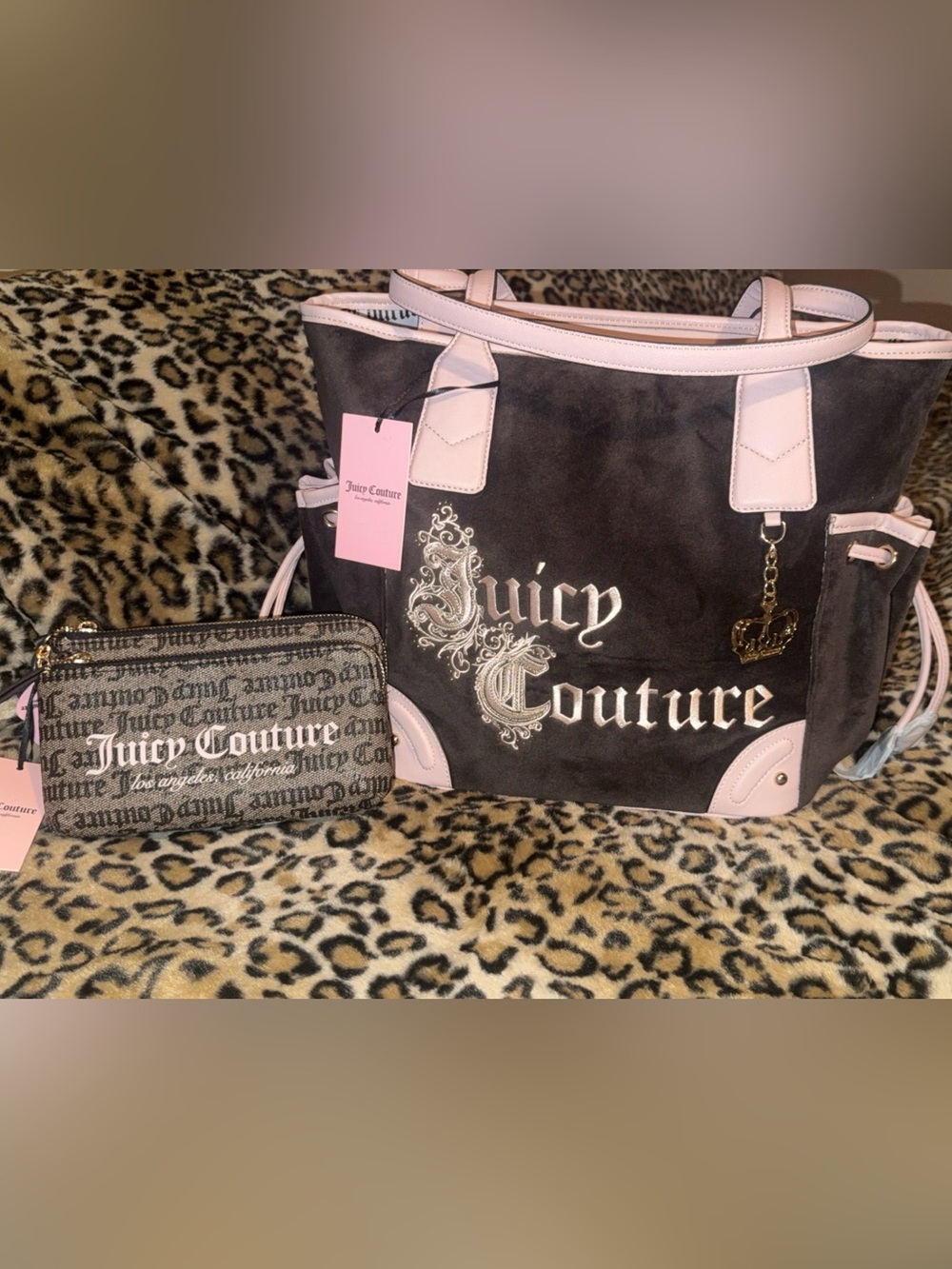 Juicy Couture Brown Suede Renaissance Tote w/Matching Double Zip Wallet BNWT